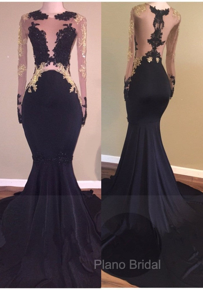 Chic Black Long-Sleeve Lace Mermaid Zipper Formal Prom Party Gowns