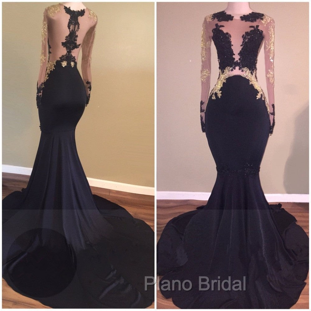 Chic Black Long-Sleeve Lace Mermaid Zipper Formal Prom Party Gowns