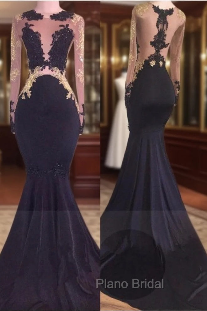 Chic Black Long-Sleeve Lace Mermaid Zipper Formal Prom Party Gowns Main image