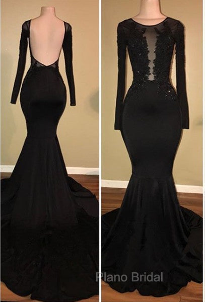 Chic Black Mermaid Formal Prom Party GownsLong Sleeves With Lace Appliques