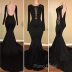Chic Black Mermaid Formal Prom Party GownsLong Sleeves With Lace Appliques