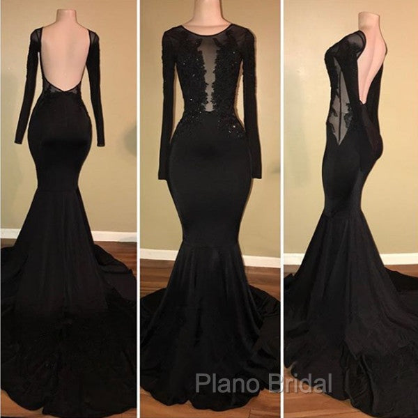 Chic Black Mermaid Formal Prom Party GownsLong Sleeves With Lace Appliques