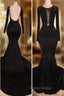 Chic Black Mermaid Formal Prom Party GownsLong Sleeves With Lace Appliques