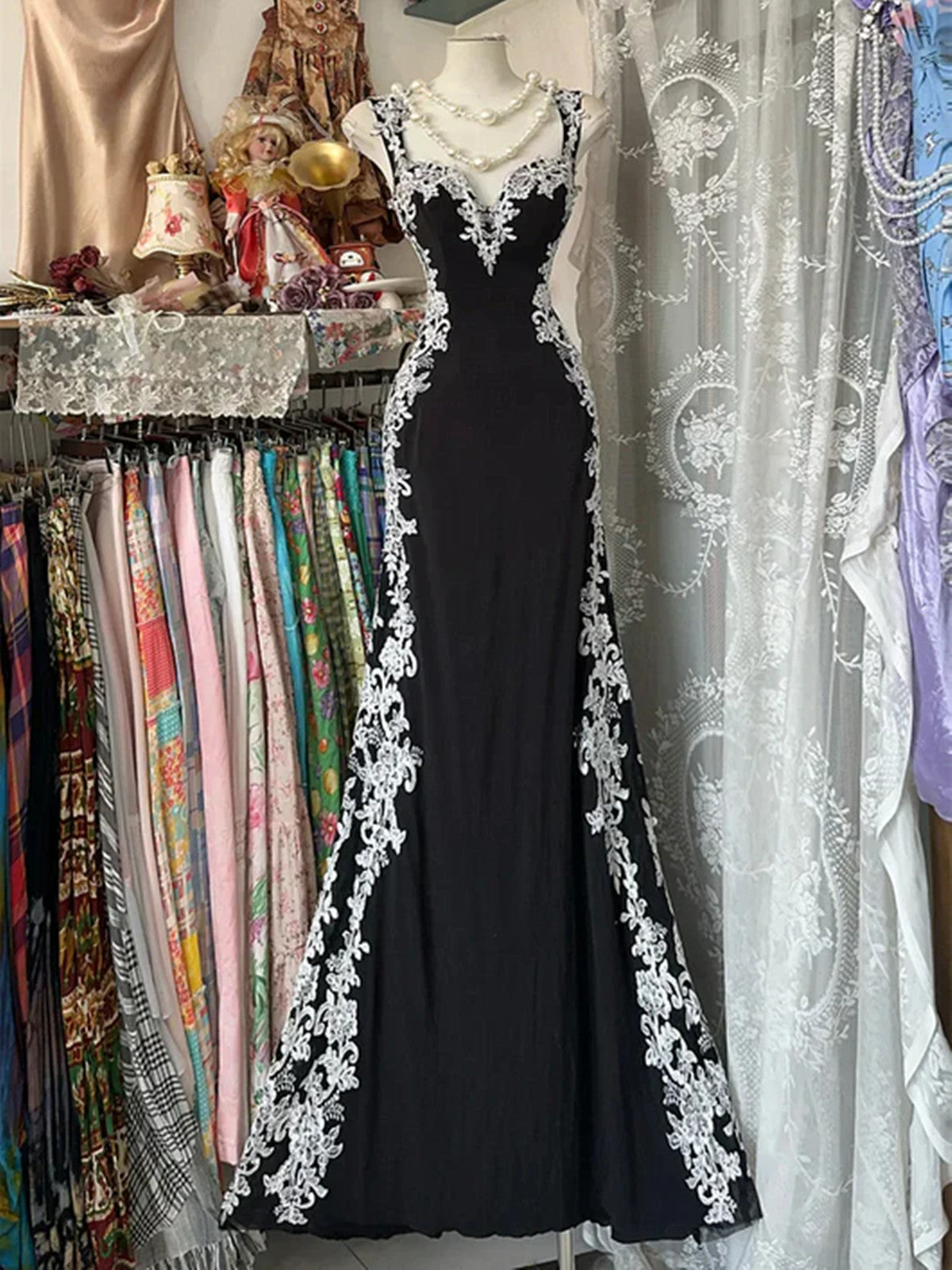 Chic Black Mermaid Spandex Straps With Lace Formal Evening Dresses, Black Long  Formal Prom Dresses