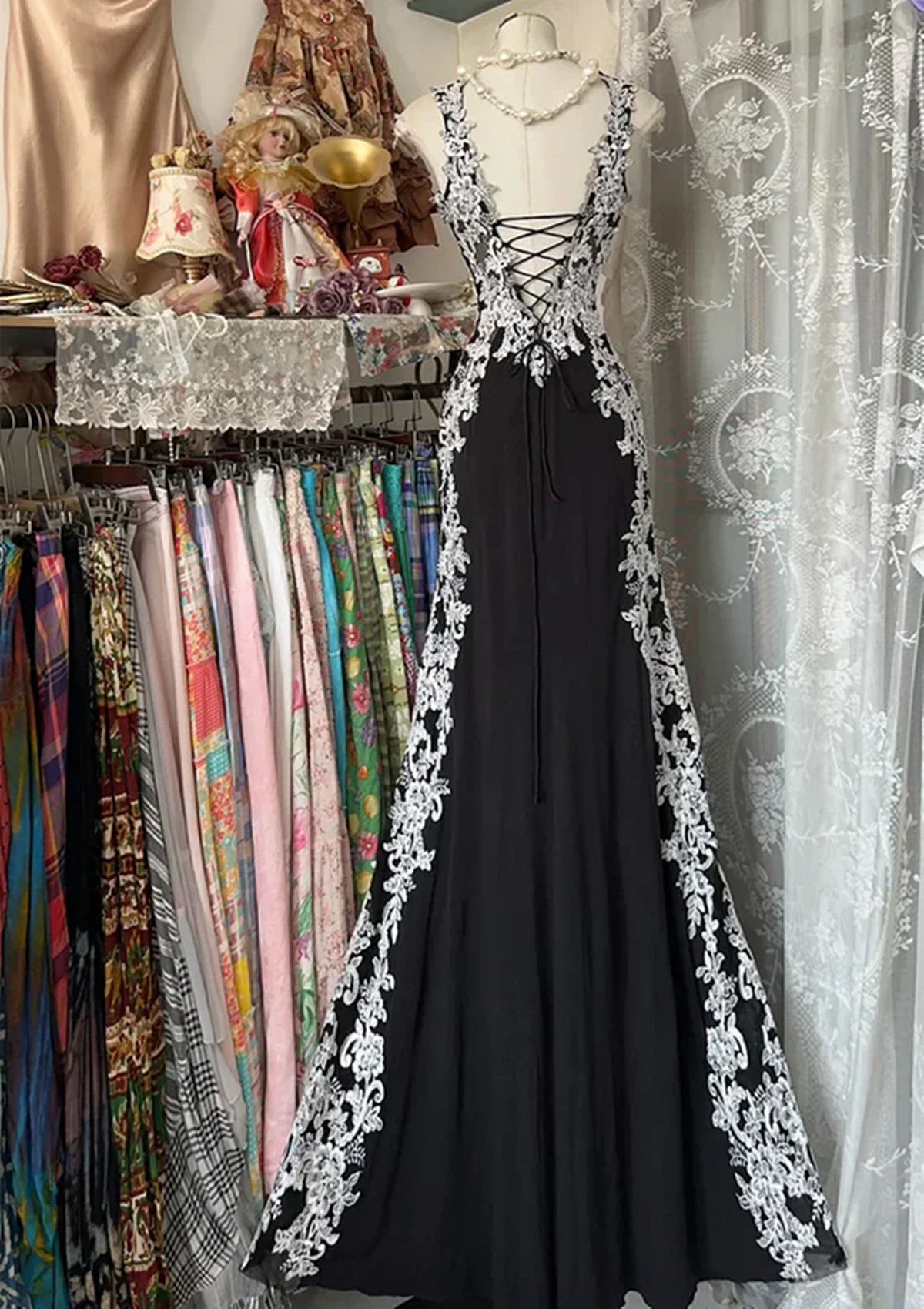 Chic Black Mermaid Spandex Straps With Lace Formal Evening Dresses, Black Long  Formal Prom Dresses