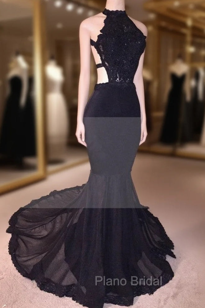 Chic Black Open Back Lace Formal Prom Dresses Sleeveless See Through Tulle Evening Gown