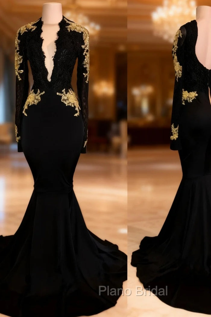 Chic Black Formal Prom Dresses Mermaid Long Sleeves Evening Dresses