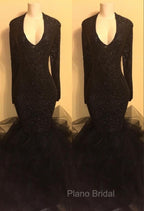 Chic black sequins Formal Prom Dresses, ruffles evening Dresses