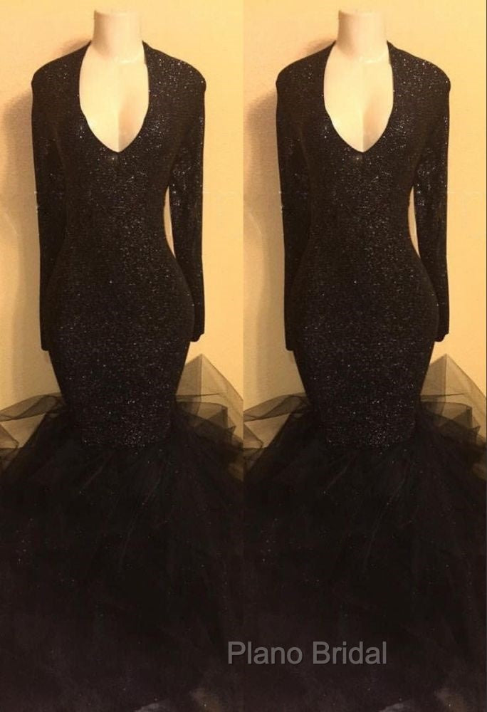 Chic black sequins Formal Prom Dresses, ruffles evening Dresses