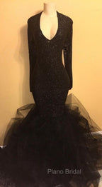 Chic black sequins Formal Prom Dresses, ruffles evening Dresses