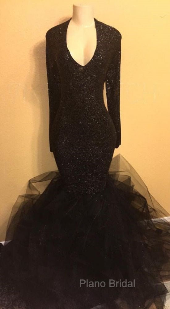 Chic black sequins Formal Prom Dresses, ruffles evening Dresses
