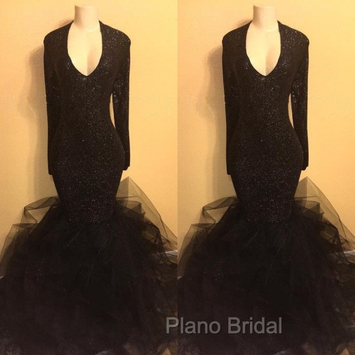 Chic black sequins Formal Prom Dresses, ruffles evening Dresses