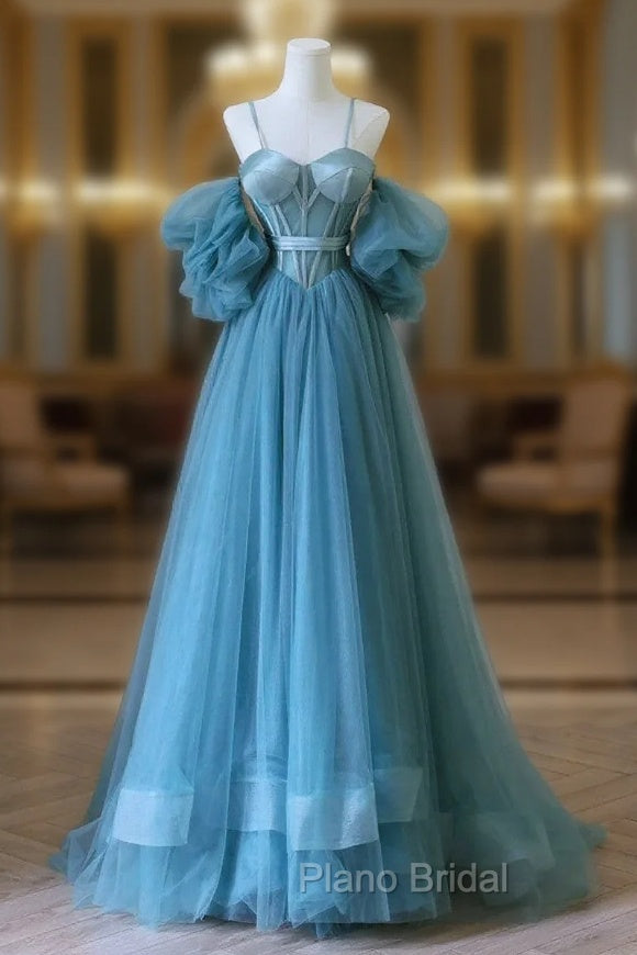 Chic Blue Sweetheart Straps Off Shoulder Tulle Formal Dresses, Blue Formal Prom Dresses