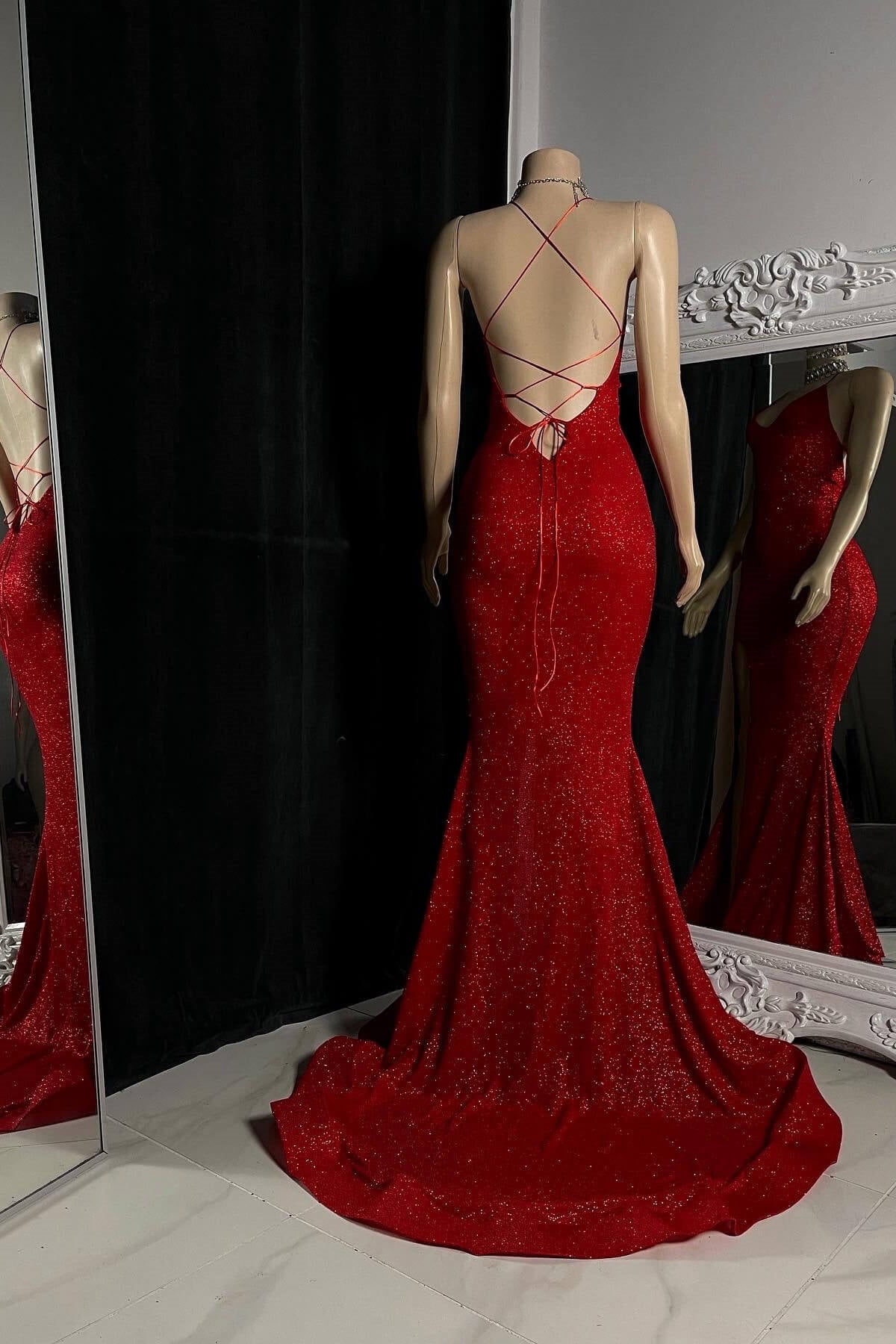 Chic Burgundy Halter V-Neck Sleeveless Mermaid Prom Dresses High Split With Criss-Cross Back Secondary image