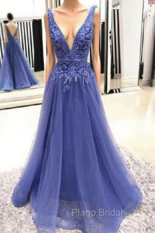 Chic Deep V-neck Straps Long Formal Prom Party Gowns| Exquisite Lace Beading Formal Prom Gown Main image