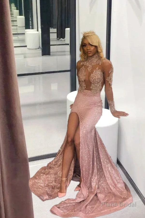 Chic Dusty Pink Long Sleevess Lace Appliques New Arrival High Split Sequined Long Prom Gowns Main image