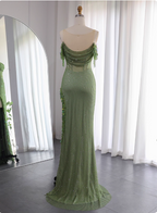 Chic Green Mermaid Tassel Slit Tulle Long Formal Prom Dresses