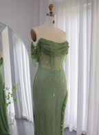 Chic Green Mermaid Tassel Slit Tulle Long Formal Prom Dresses