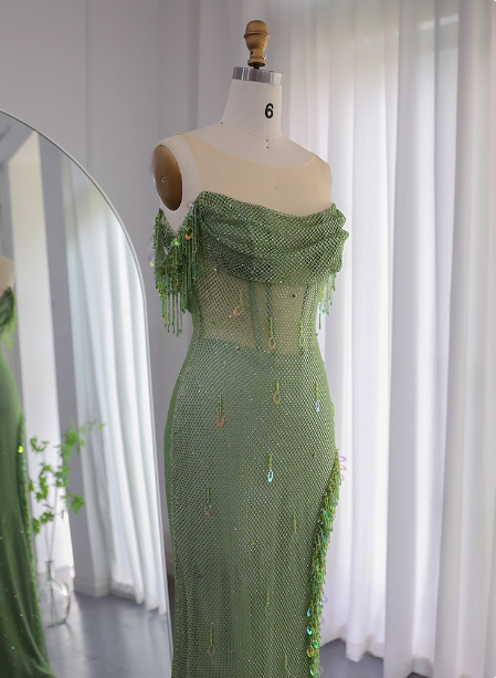 Chic Green Mermaid Tassel Slit Tulle Long Formal Prom Dresses