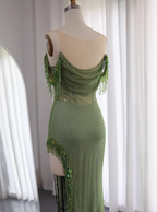 Chic Green Mermaid Tassel Slit Tulle Long Formal Prom Dresses