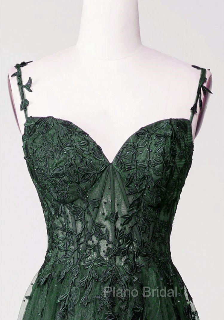 Chic Green Straps Tulle with Lace Party Dresses, A-line Sweetheart Floor Length Formal Prom Dresses Secondary image