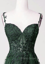 Chic Green Straps Tulle with Lace Party Dresses, A-line Sweetheart Floor Length Formal Prom Dresses