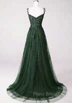 Chic Green Straps Tulle with Lace Party Dresses, A-line Sweetheart Floor Length Formal Prom Dresses