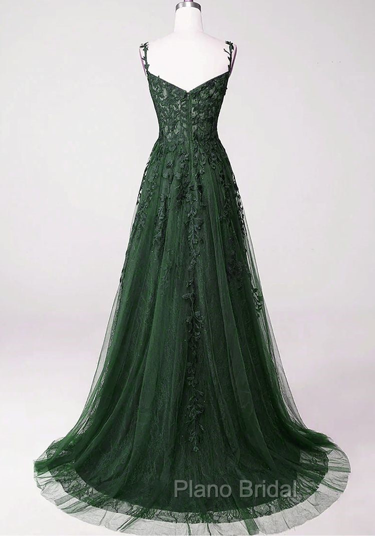 Chic Green Straps Tulle with Lace Party Dresses, A-line Sweetheart Floor Length Formal Prom Dresses