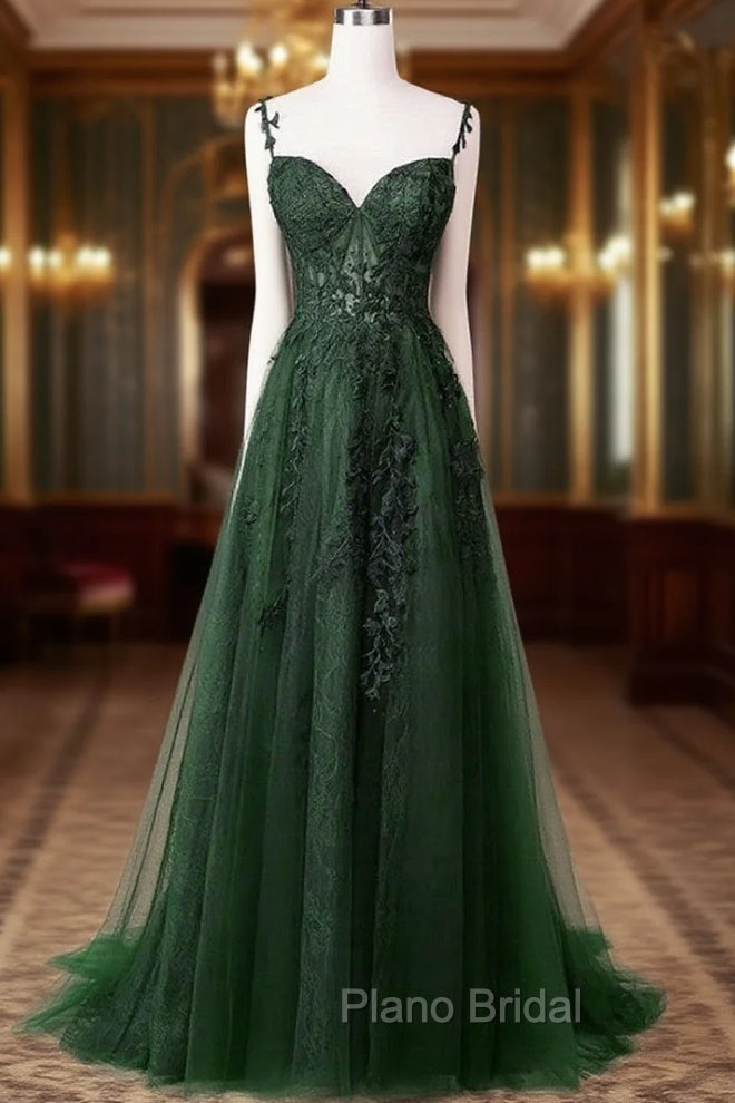 Chic Green Straps Tulle with Lace Party Dresses, A-line Sweetheart Floor Length Formal Prom Dresses Main image