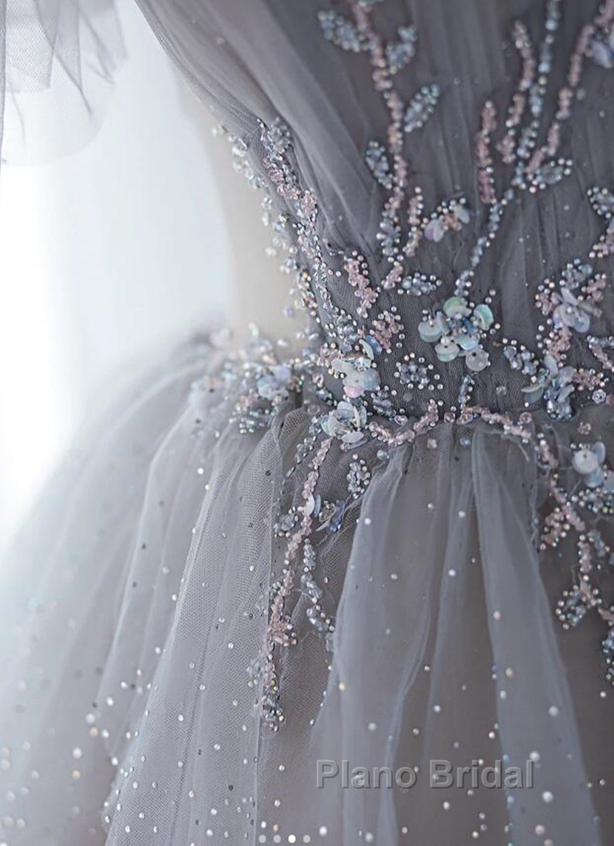 Chic Grey Beaded Layers Tulle Long Formal Dresses, Grey Off Shoulder Formal Prom Dresses