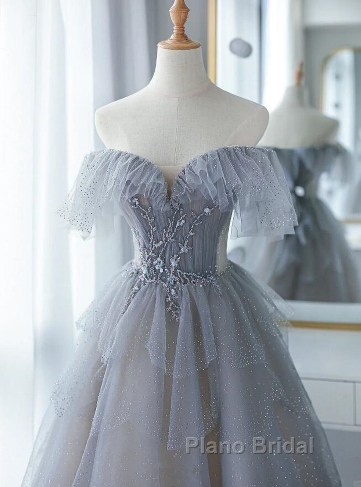Chic Grey Beaded Layers Tulle Long Formal Dresses, Grey Off Shoulder Formal Prom Dresses