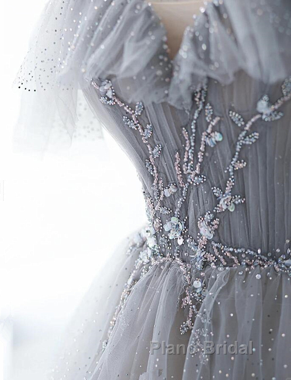 Chic Grey Beaded Layers Tulle Long Formal Dresses, Grey Off Shoulder Formal Prom Dresses