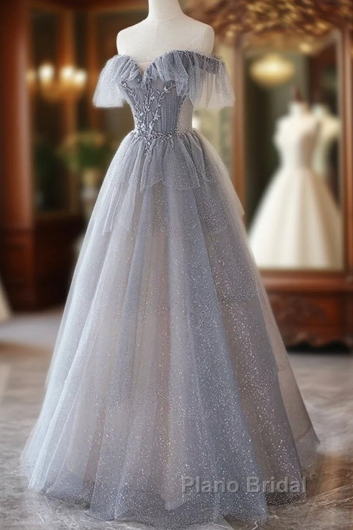 Chic Grey Beaded Layers Tulle Long Formal Dresses, Grey Off Shoulder Formal Prom Dresses