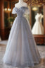 Chic Grey Beaded Layers Tulle Long Formal Dresses, Grey Off Shoulder Formal Prom Dresses
