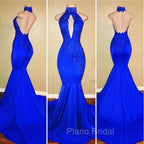 Chic Halter Mermaid Formal Prom Party GownsLong With Lace Appliques