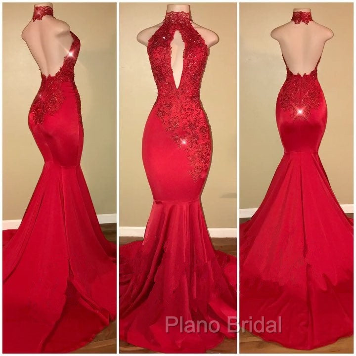 Chic Halter Mermaid Formal Prom Party GownsLong With Lace Appliques