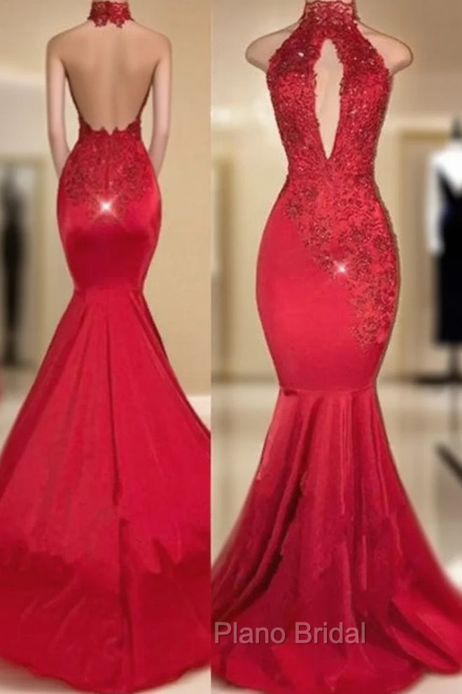 Chic Halter Mermaid Formal Prom Party GownsLong With Lace Appliques Main image