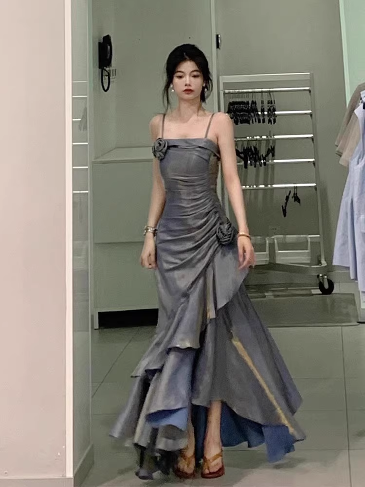 Chic High Low Spaghetti Straps Gray Blue Long Party Dresses Birthday Outfits Secondary image