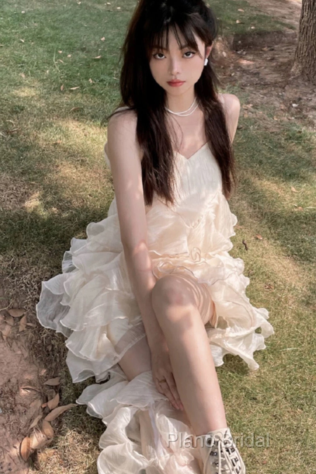 Chic High Low Spaghetti Straps Formal Prom Dresses Birthday Dresses With Ruffles