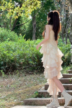 Chic High Low Spaghetti Straps Formal Prom Dresses Birthday Dresses With Ruffles