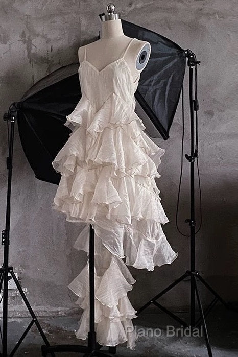 Chic High Low Spaghetti Straps Formal Prom Dresses Birthday Dresses With Ruffles