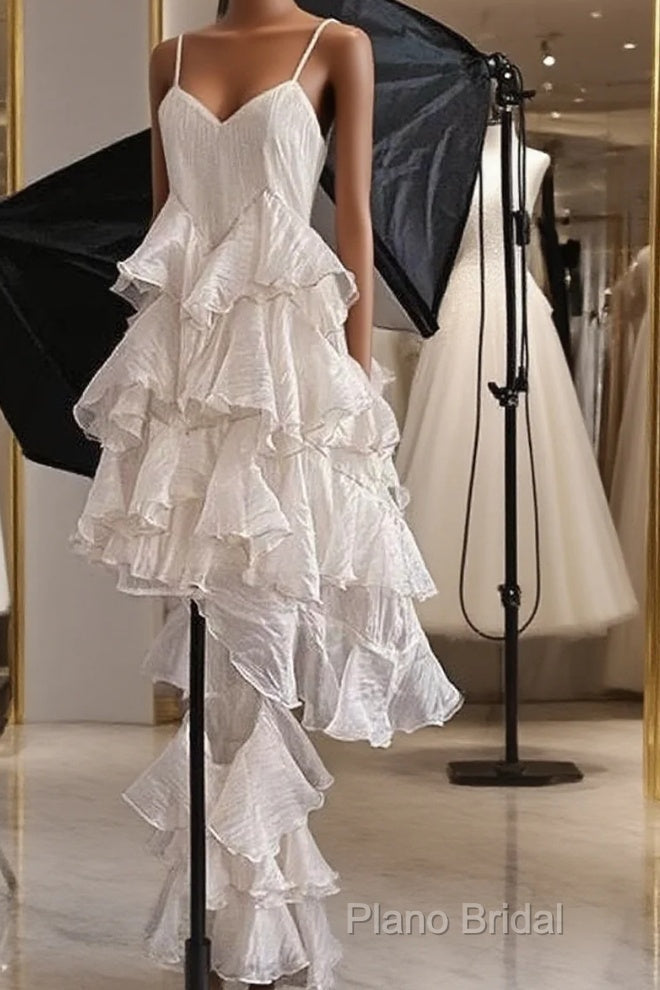 Chic High Low Spaghetti Straps Formal Prom Dresses Birthday Dresses With Ruffles