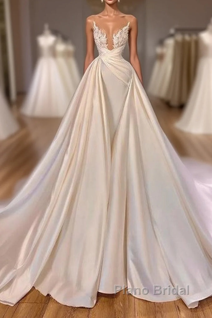 Chic Long A-line Cathedral Sleeveless V-neck Satin Wedding Dresses Main image
