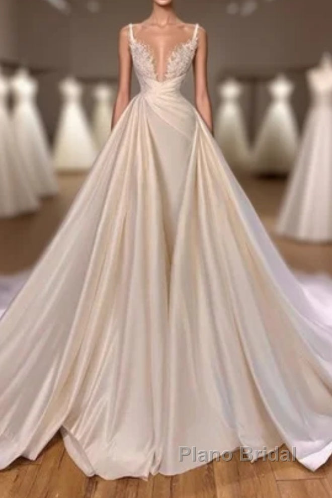 Chic Long A-line Sleeveless Spaghetti Strap Cathedral V-neck Satin Lace Wedding Dress Main image
