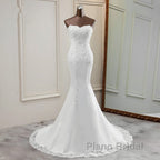 Chic Long Mermaid Strapless Lace Appliques Wedding Dress