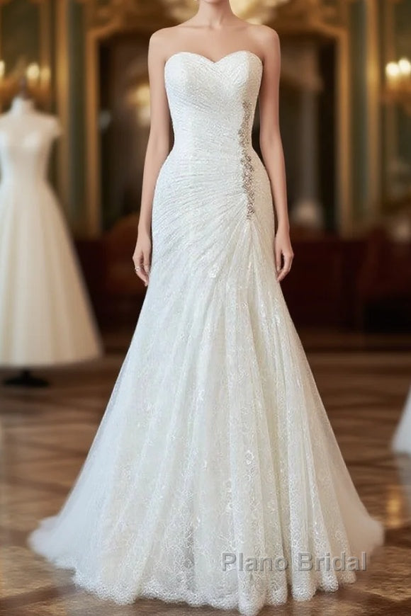 Chic Long Sheath Strapless Ruffle Lace Wedding Dress Main image