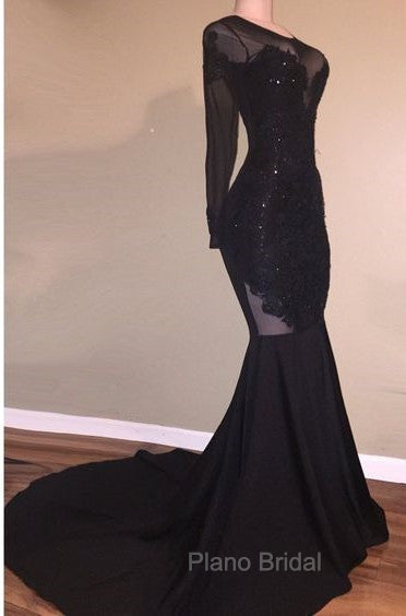 Chic Mermaid Black Long-Sleeves Backless Appliques Formal Prom Party Gowns Secondary image