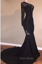 Chic Mermaid Black Long-Sleeves Backless Appliques Formal Prom Party Gowns