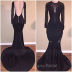 Chic Mermaid Black Long-Sleeves Backless Appliques Formal Prom Party Gowns