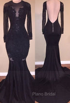 Chic Mermaid Black Long-Sleeves Backless Appliques Formal Prom Party Gowns